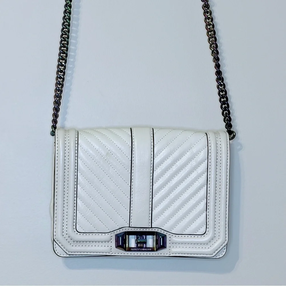 Rebecca Minkoff Ivory Chevron Quilted Small Love Crossbody with Iridescent metal